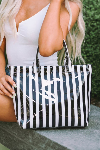 Rose Red Glossy Striped Vinyl Large Tote Bag (Color Varied)