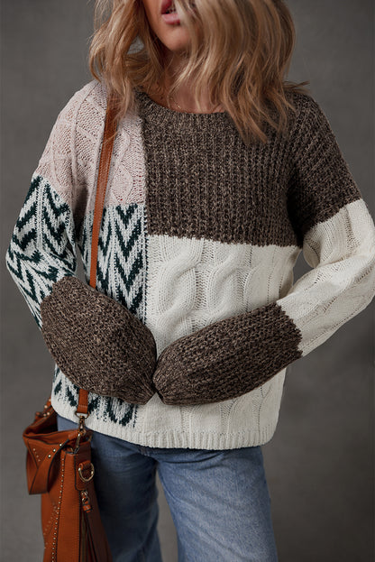 Purple Color Block Patchwork Knotted Back Loose Fit Sweater