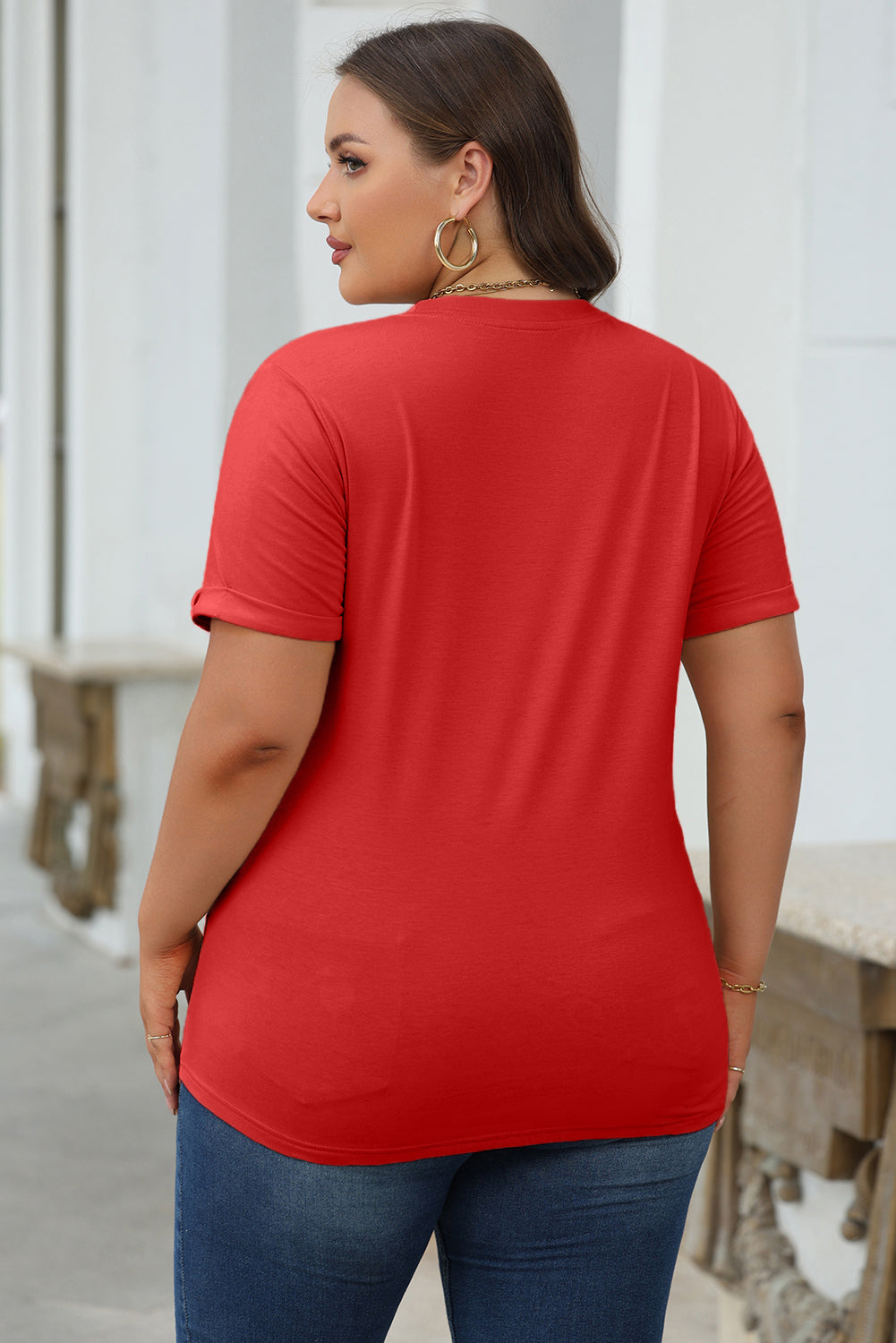 Sachet Pink Bright Casual Plain Crew Neck Tee