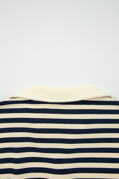 Blue Stripe Collared V Neck Long Sleeve Casual Top
