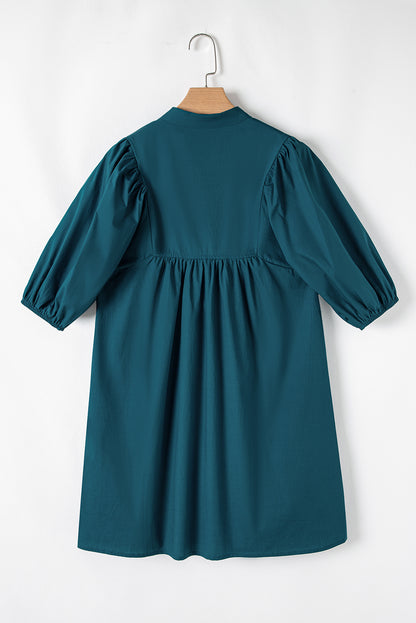 Blue Sapphire Colorblock Split V Neck Puff Sleeve Mini Dress