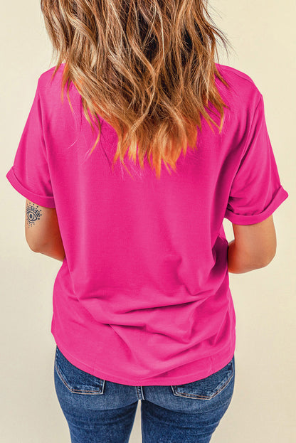 Sachet Pink Bright Casual Plain Crew Neck Tee
