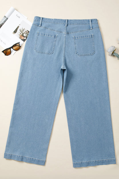 Dusk Blue Patched Pocket Textured Wide Leg Plus Size Jeans