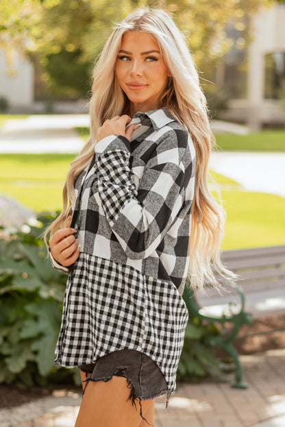 Black Double Plaid Patchwork Drawstring Hooded Shacket