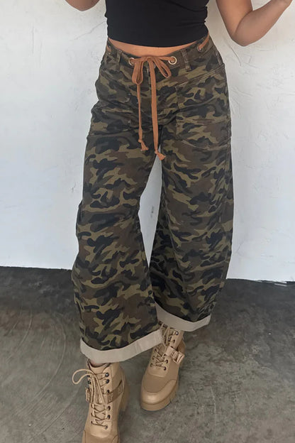 Multicolour Camouflage Print Retro Grommet Tie Waist Loose Jeans