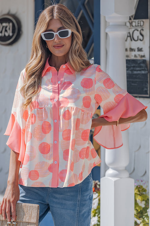 Pink Double Polka Dot Printed Ruffle Trim Short Sleeve Babydoll Shirt