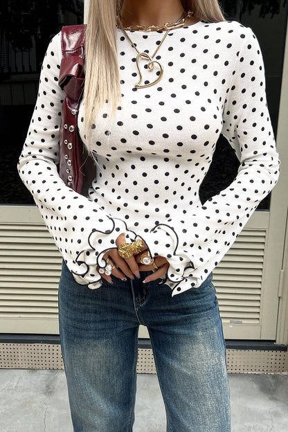 Black Polka Dot Print Lettuce Trim Long Sleeve Top