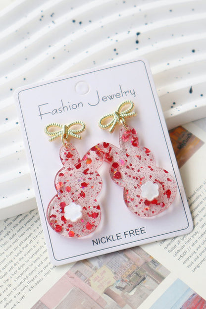 Fiery Red Clear Easter Bunny Bowknot Studded Earrings
