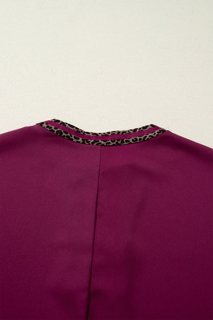 Red Dahlia Contrast Leopard Trim V Neck Short Sleeve Blouse