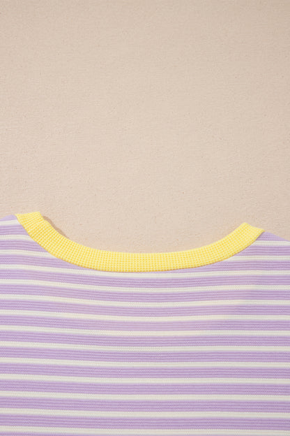 Purple Stripe Striped Colorblock Paneling Collar Cuff Hem Texture T-Shirt