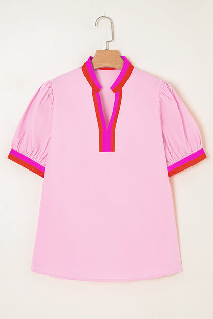 Sky Blue Contrast Striped V Neck Collision Short Puff Sleeve Blouse