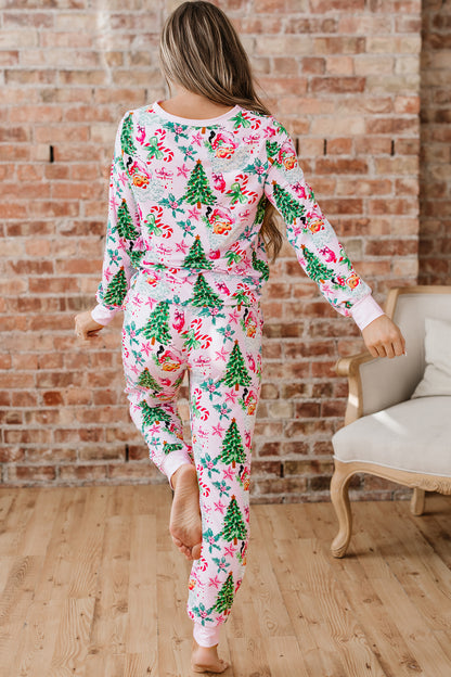 White Christmas Pattern Button V Neck Pullover Drawstring Pants 2pcs Lounge Set