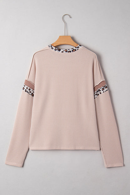 Beige Twist Ribbed Leopard Color Block Detail Drop Shoulder Long Sleeve Top