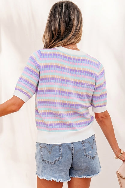 Rose Red Abstract Striped Knit Short Sleeve Sweater