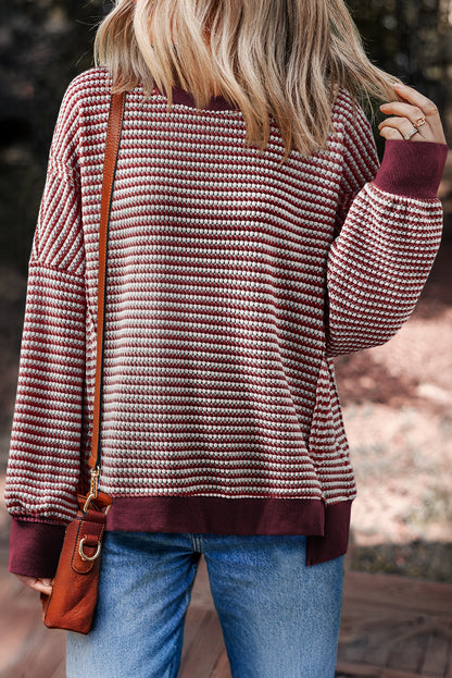 Black Stripe Ribbed Trim Drop Shoulder Long Sleeve Oversize Top