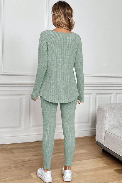 Racing Red Ribbed Notched Neck Knit Long Sleeve Leggings Two Pieces Lounge Set