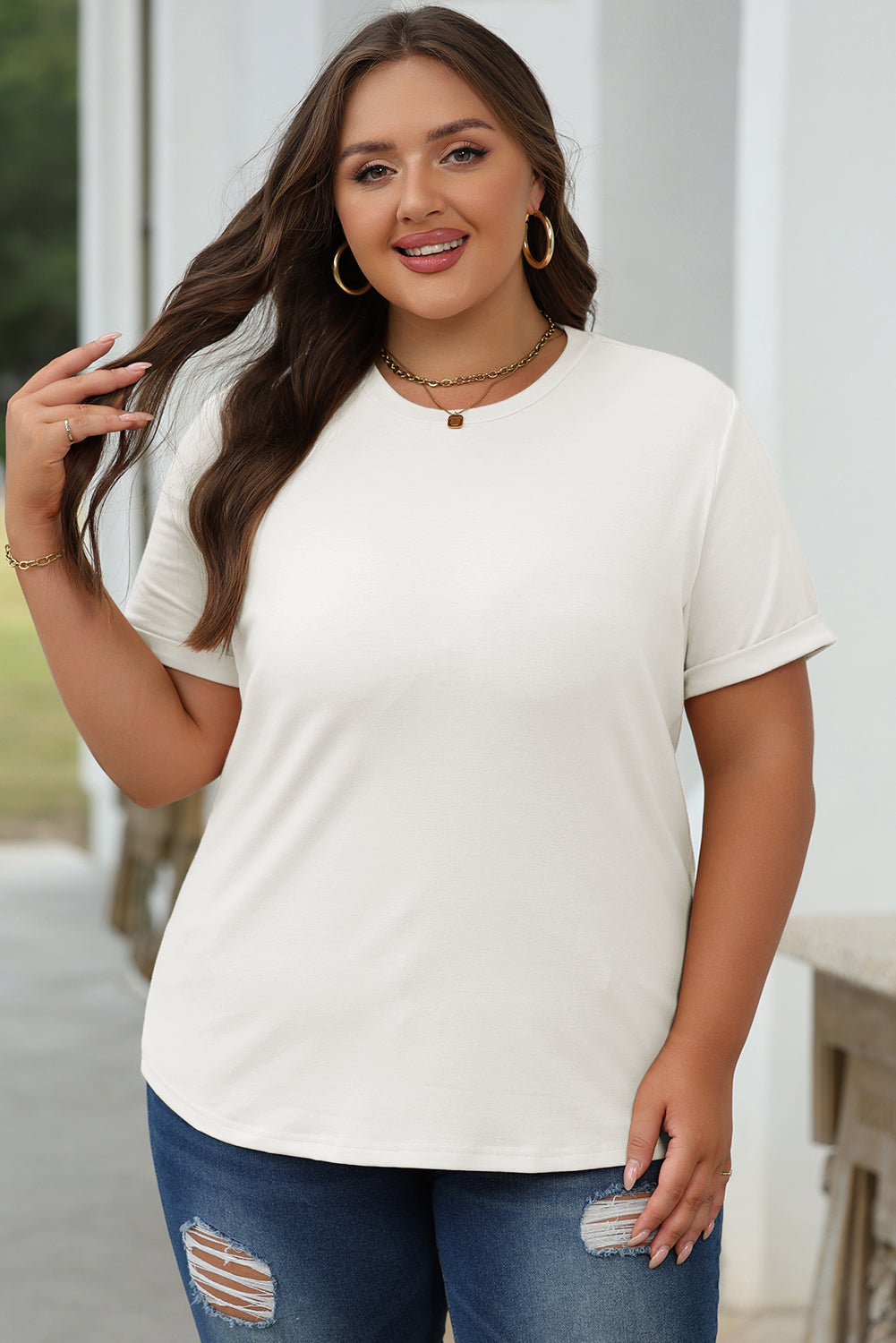 Sachet Pink Bright Casual Plain Crew Neck Tee