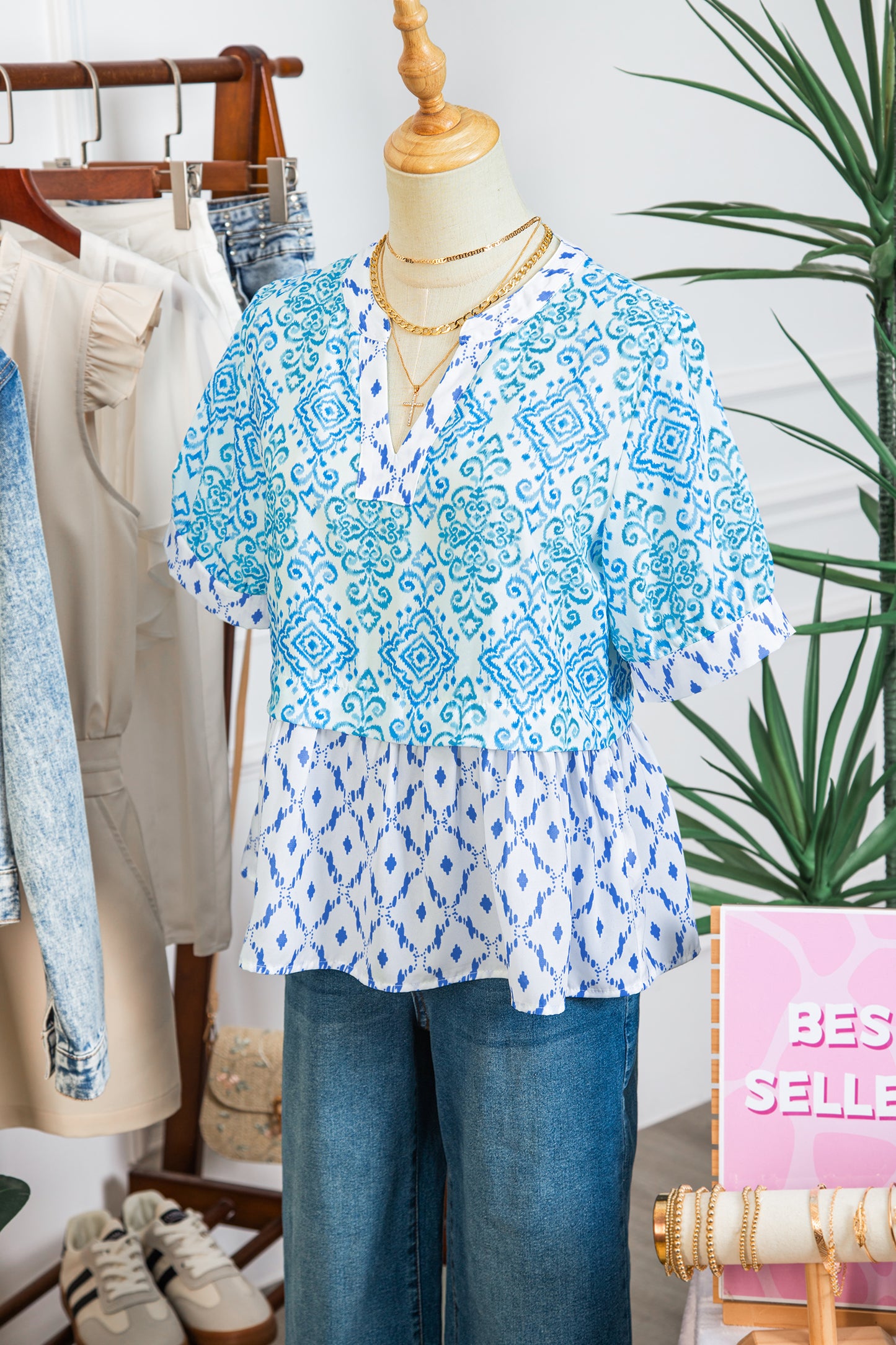 Sky Blue Boho Floral Geometric Patchwork Short Puff Sleeve Babydoll Blouse