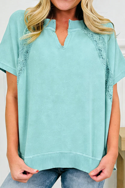 Pink Raw Cut Notched Neck Lace Patchwork Detail Mineral Wash Tee