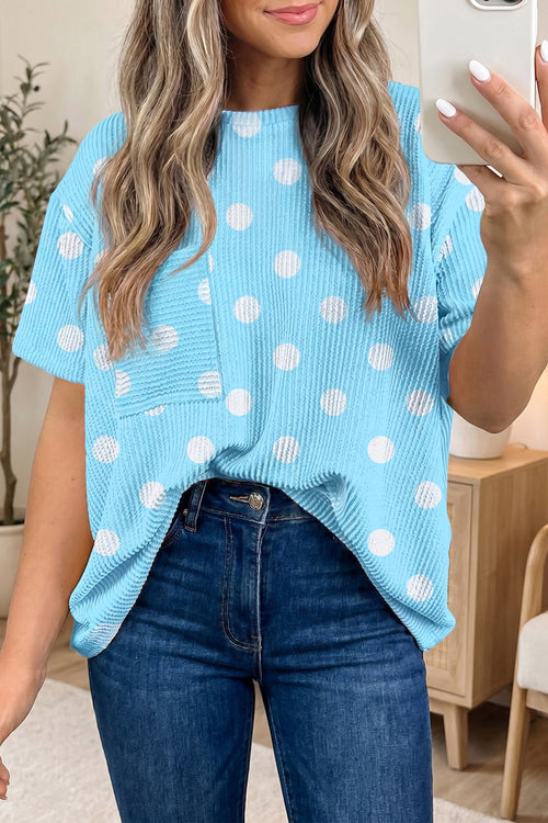 Sky Blue Polka Dot Patch Pocket Twisted Ribbed Top