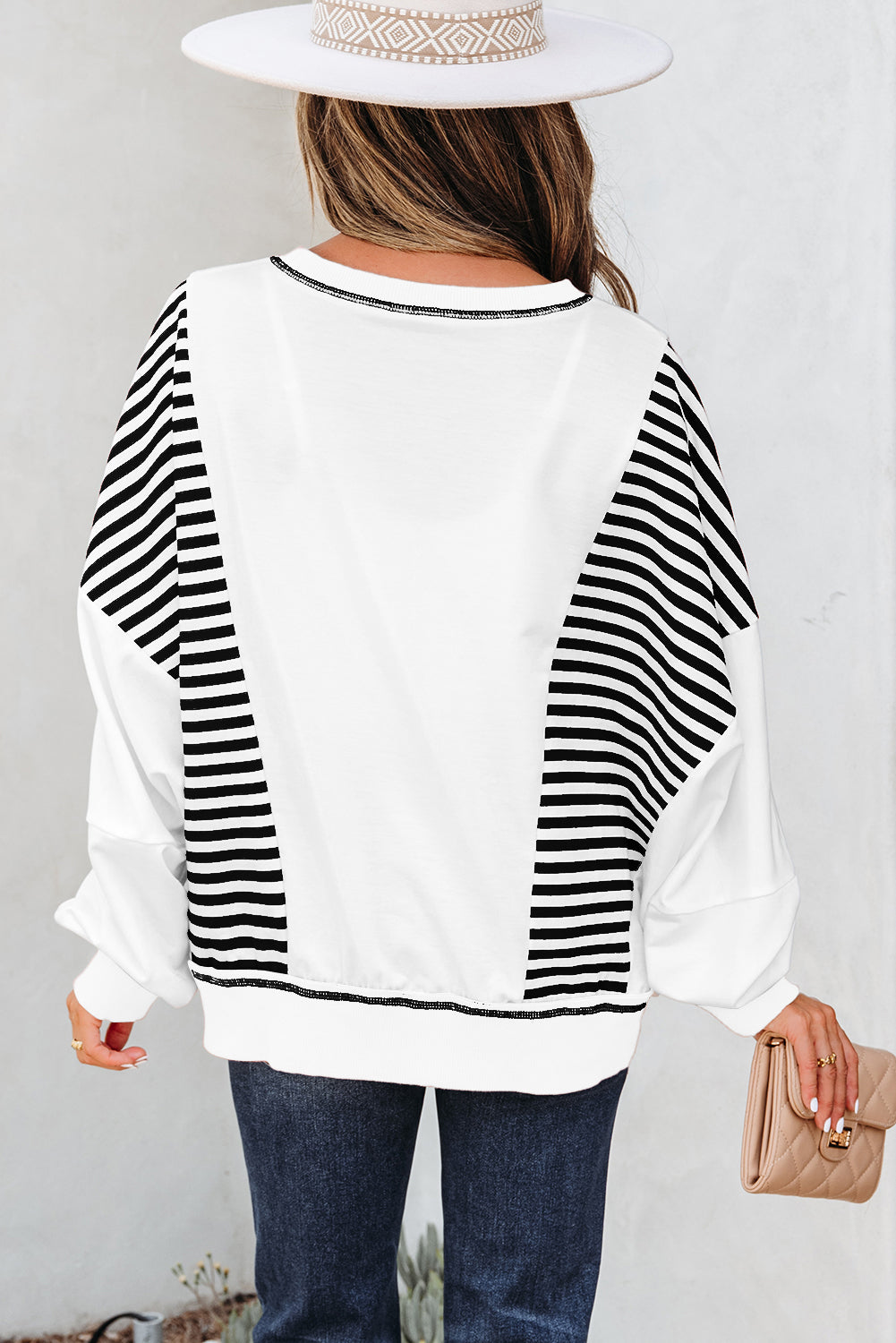 Brown Stripe Colorblock Patchwork Contrast Stitching Oversize Sweatshirt