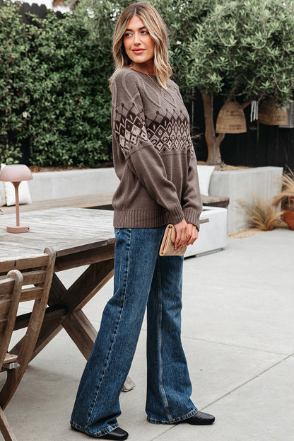 Light French Beige Western Geometric Patterned Crew Neck Knitted Sweater