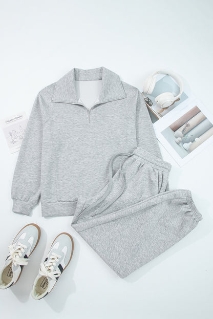 Black Zip Collar Long Sleeve Top Drawstring Pants Set
