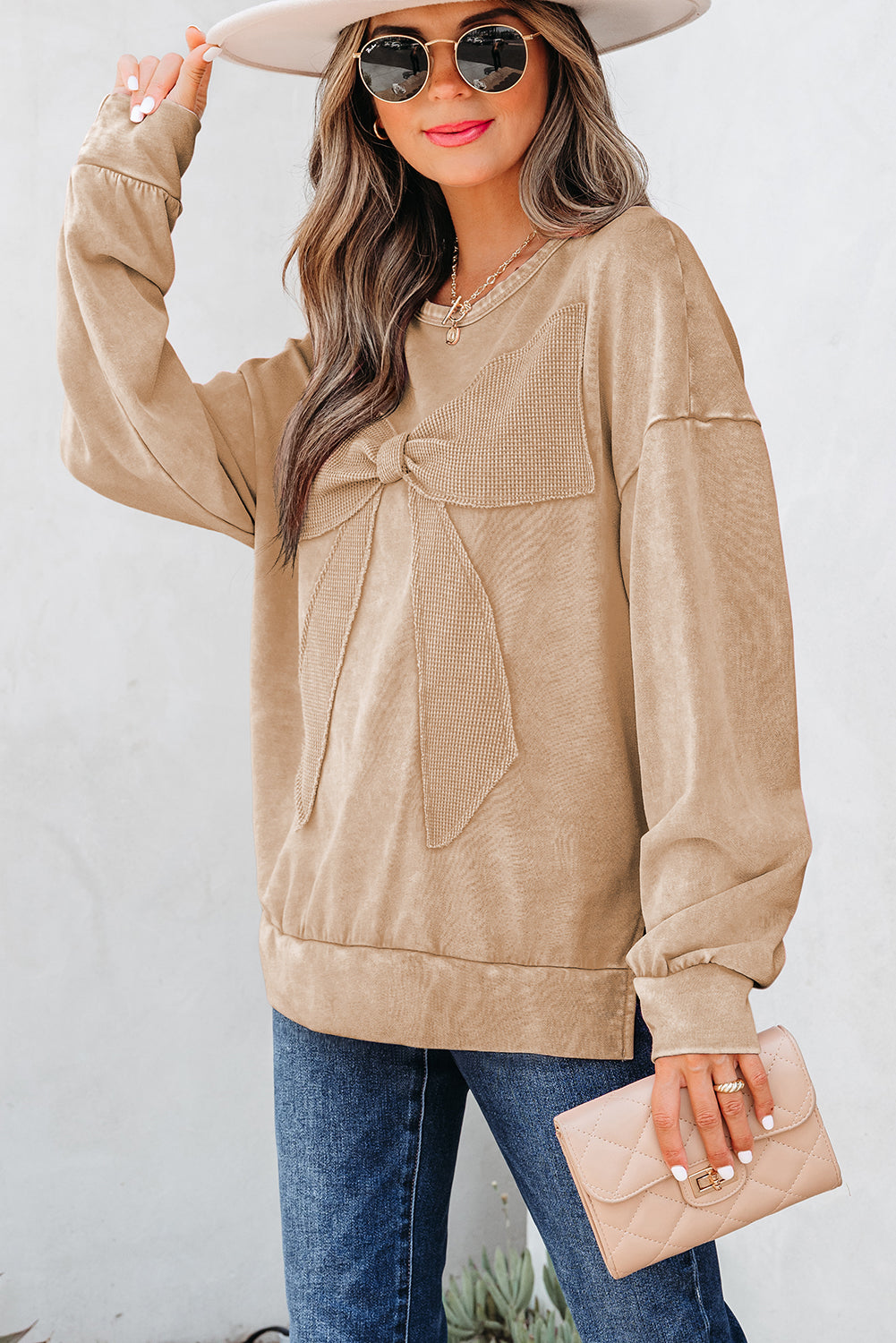 Orchid Bouquet Mineral Wash Big Bow Patchwork Pullover Sweatshirt