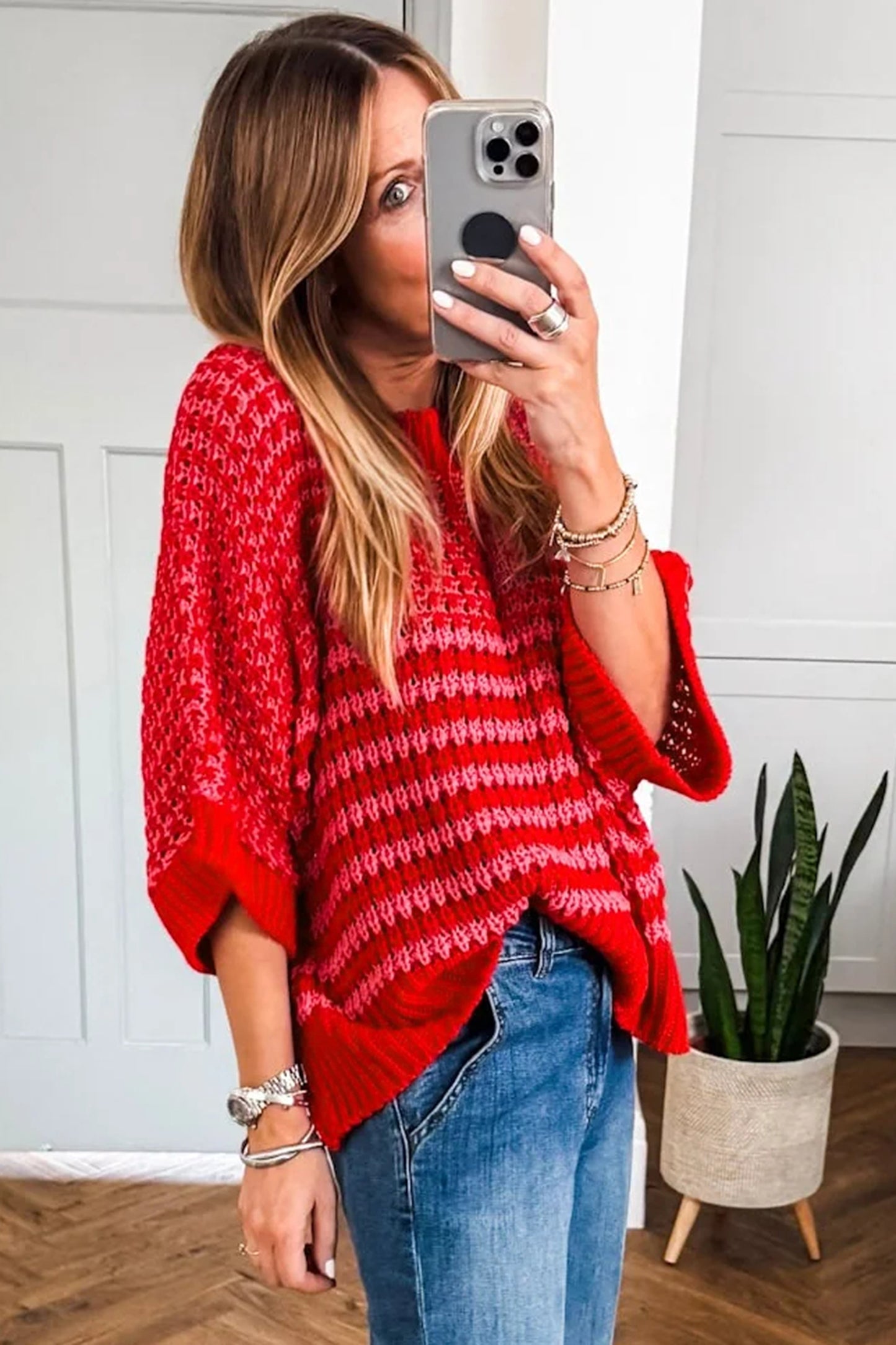 Green Stripe 3/4 Draped Sleeve Slouchy Sweater