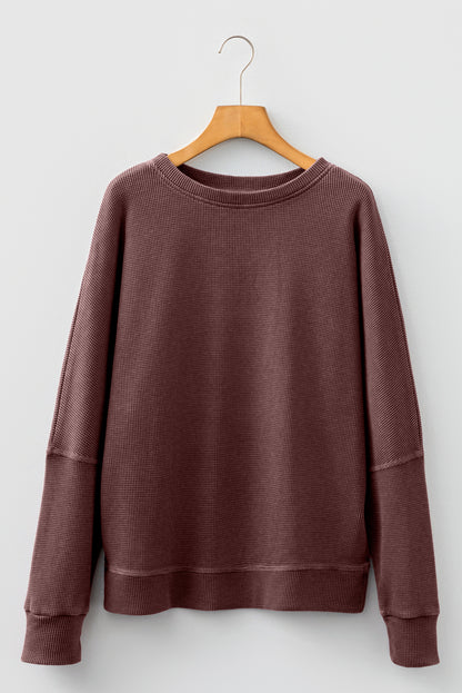 Bright Pink Waffle Knit Patchwork Long Sleeve Loose Top