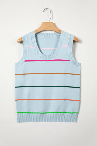 White Stripe Round Neck Knitted Sweater Tank