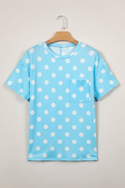 Sky Blue Polka Dot Patch Pocket Twisted Ribbed Top