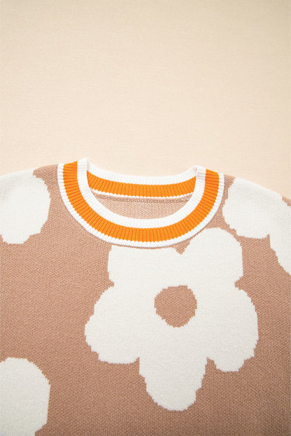 Smoke Gray Big Flower Pattern Contrast Striped Baggy Sweater