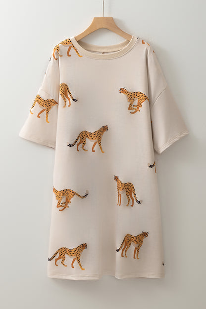 Apricot Plus Size Cheetah Print Side Pockets T Shirt Mini Dress
