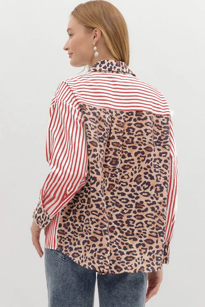Black Striped Leopard Print Patchwork Button Up Womens Shirt