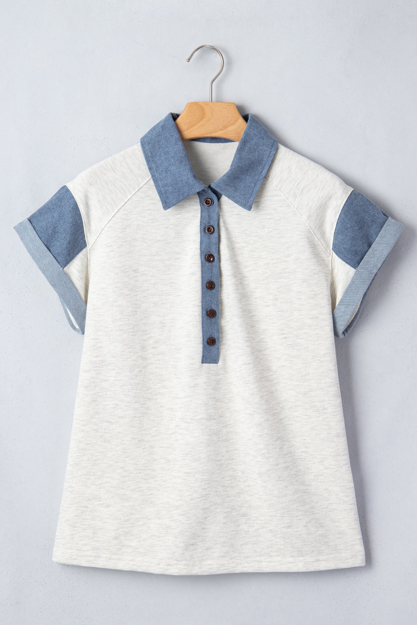 Carbon Grey Denim Color Block Patchwork Shirt Collar Short Sleeve Blouse