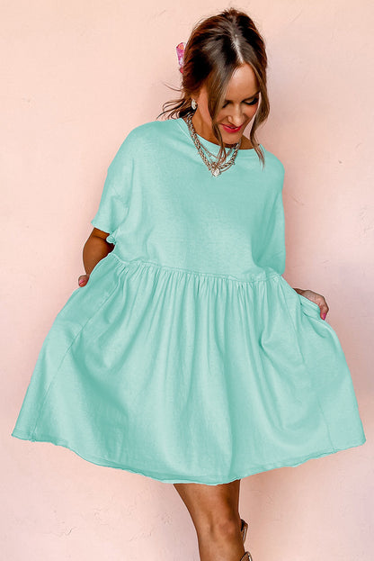 Light Pink Solid Color Pocketed Raw Edge Babydoll Dress