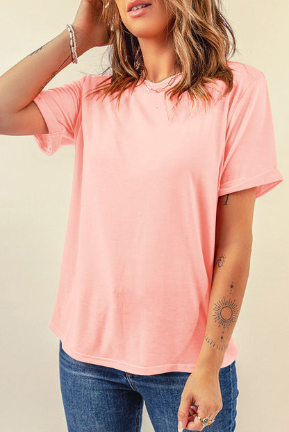 Sachet Pink Bright Casual Plain Crew Neck Tee