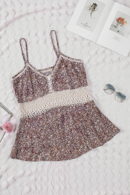 Multicolor Floral Print Lace Crochet Spaghetti Strap Tank Top