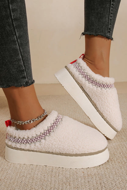 Chestnut Soft Plush Embroidered Detail Flat Platform Slippers