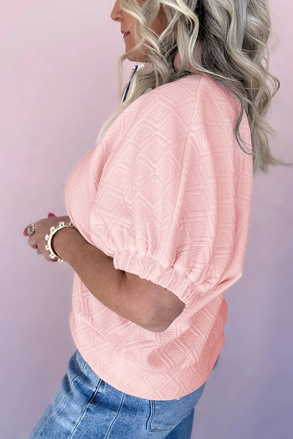 White Contrast Striped Collar Patchwork Textured Half Sleeve Blouse