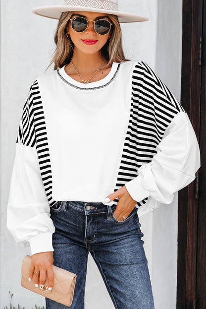 Brown Stripe Colorblock Patchwork Contrast Stitching Oversize Sweatshirt
