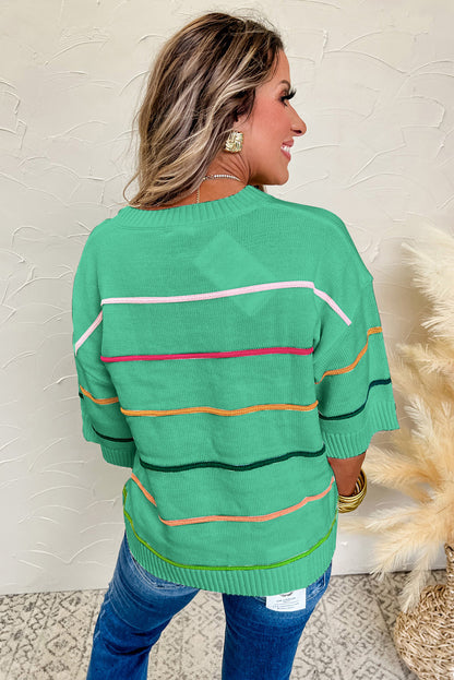 Beau Blue Colorblock Striped Half Sleeve Drop Shoulder Sweater