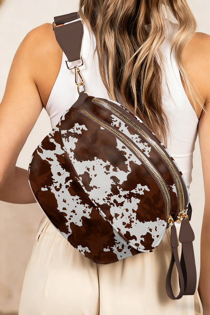 Coffee Cow Spots Printed Double Zip Crossbody Bag