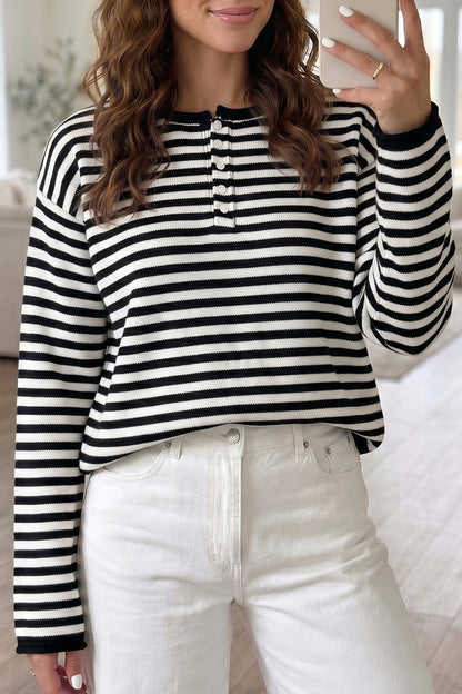 Green Stripe Striped Button Placket Drop Shoulder Long Sleeve Sweater