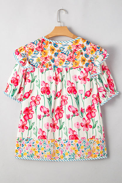 Pink Plus Size Floral Print Striped Trim V Neck Blouse