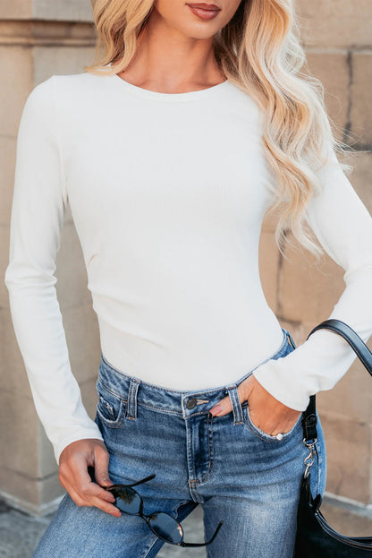 Mineral Red Ribbed Long Sleeve Crew Neck Solid Color Bodysuit