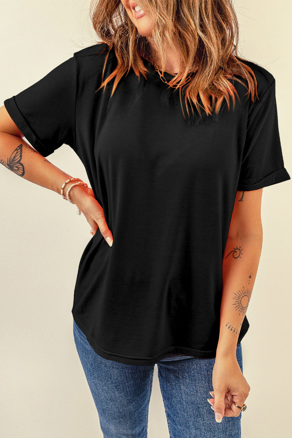 Sachet Pink Bright Casual Plain Crew Neck Tee