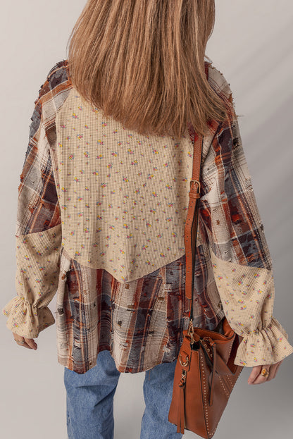 Oatmeal Boho Floral Plaid Patchwork Distressed Detail Ruffled Sleeve Waffle Knit Shacket