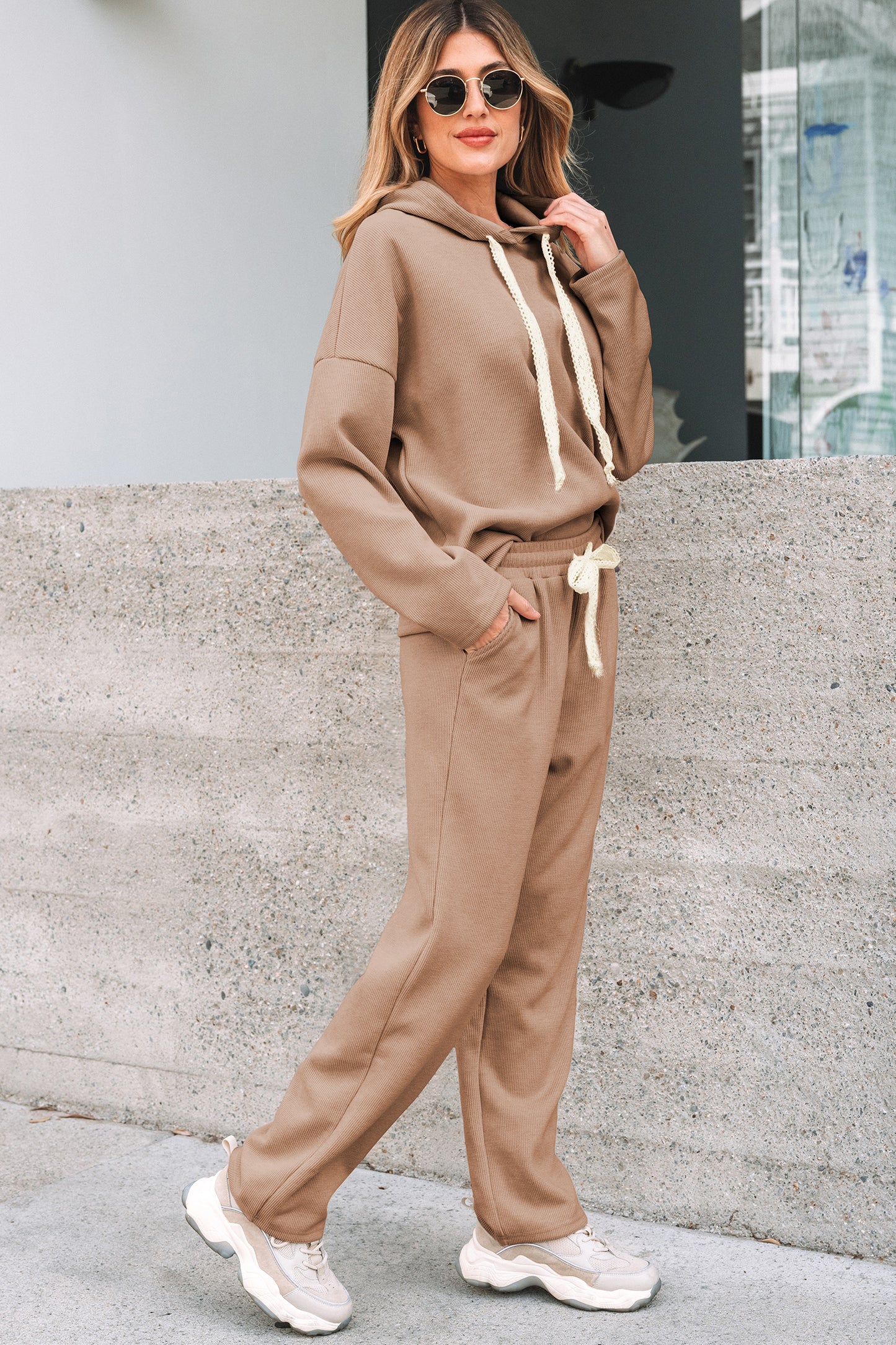 Dark Khaki Leopard Drawstring Pullover Hoodie and High Waist Pants Corduroy Suit